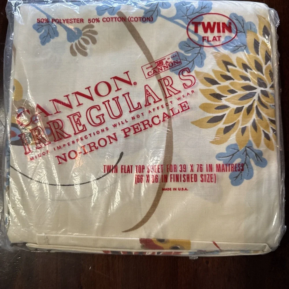 Vintage‎ 70s Cannon Sheet Set Butterfly Almond TWIN Size Flat Fitted Pillowcase
